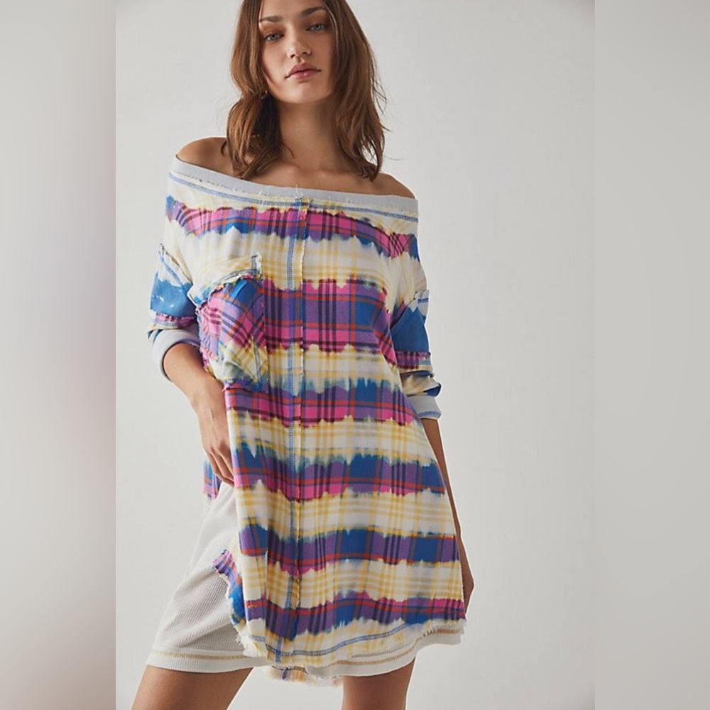 Free People Plaid Tie Dye Flannel Look Cotton Tunic Size XS New without tags